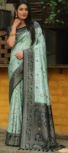 Festive, Traditional Green color Saree in Kanjeevaram Silk fabric with South Weaving work : 1935242
