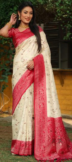 Festive, Traditional White and Off White color Saree in Kanjeevaram Silk fabric with South Weaving work : 1935243