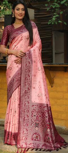 Festive, Traditional Pink and Majenta color Saree in Kanjeevaram Silk fabric with South Weaving work : 1935244