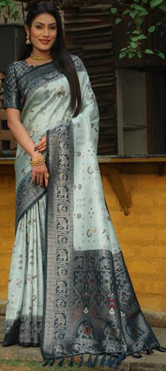 Festive, Traditional Blue color Saree in Kanjeevaram Silk fabric with South Weaving work : 1935245