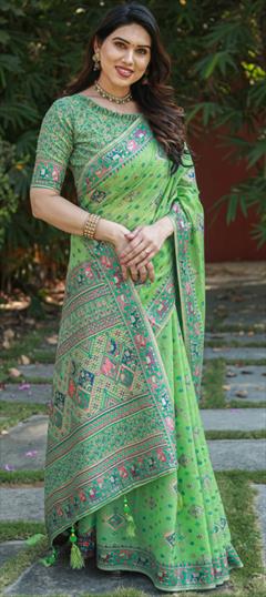 Engagement, Traditional, Wedding Green color Saree in Cotton fabric with Bengali Printed work : 1935246