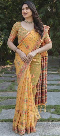 Engagement, Traditional, Wedding Yellow color Saree in Cotton fabric with Bengali Printed work : 1935247