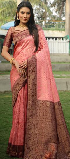 Festive, Traditional Pink and Majenta color Saree in Kanjeevaram Silk fabric with South Weaving, Zari work : 1935249