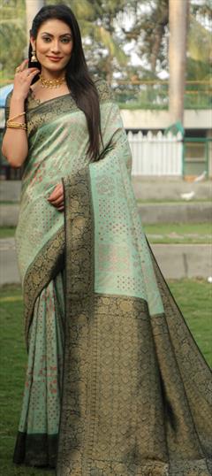 Festive, Traditional Green color Saree in Kanjeevaram Silk fabric with South Weaving, Zari work : 1935251