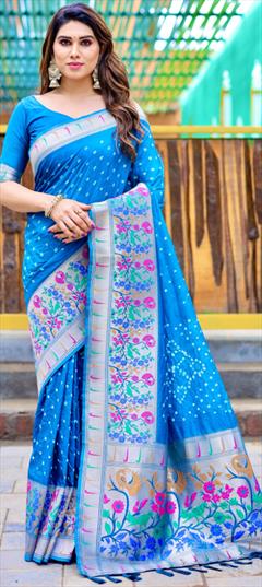 Traditional, Wedding Blue color Saree in Silk fabric with Classic, South Bandhej, Printed, Weaving work : 1935286