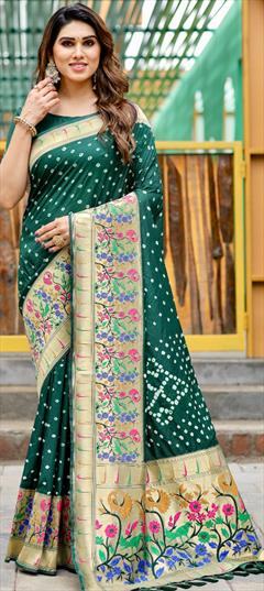 Traditional, Wedding Green color Saree in Silk fabric with Classic, South Bandhej, Printed, Weaving work : 1935288