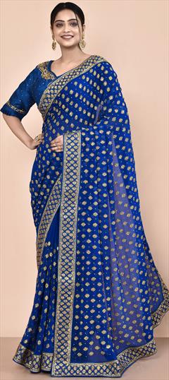 Bridal, Wedding Blue color Saree in Georgette fabric with Classic Stone, Thread work : 1935289