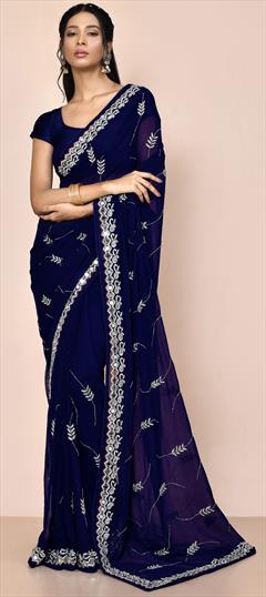 Bridal, Wedding Blue color Saree in Georgette fabric with Classic Cut Dana, Mirror work : 1935290