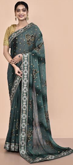 Bridal, Wedding Blue color Saree in Georgette fabric with Classic Embroidered, Patch, Stone, Thread work : 1935291