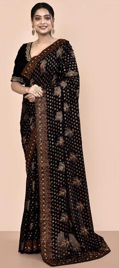 Bridal, Wedding Black and Grey color Saree in Georgette fabric with Classic Embroidered, Stone, Thread work : 1935292