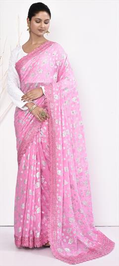 Bridal, Wedding Pink and Majenta color Saree in Georgette fabric with Classic Embroidered, Stone, Thread work : 1935298