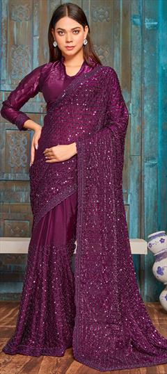 Reception, Traditional, Wedding Purple and Violet color Saree in Silk fabric with South Embroidered, Sequence, Thread work : 1935337
