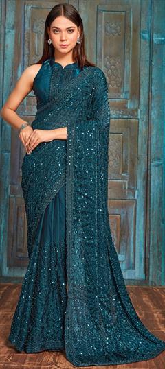Reception, Traditional, Wedding Blue color Saree in Silk fabric with South Embroidered, Sequence, Thread work : 1935338