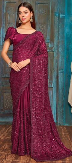 Reception, Traditional, Wedding Red and Maroon color Saree in Silk fabric with South Embroidered, Sequence, Thread work : 1935339