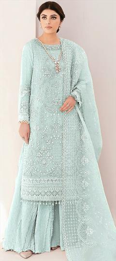Festive, Party Wear, Reception Blue color Salwar Kameez in Faux Georgette fabric with Pakistani, Straight Embroidered, Mirror, Sequence, Thread work : 1935405