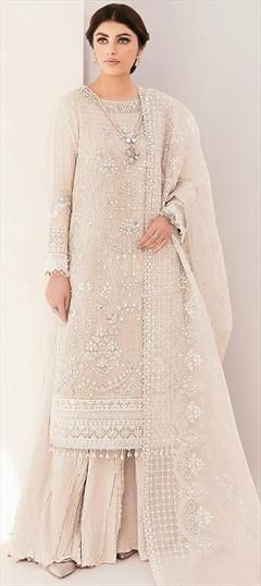 Festive, Party Wear, Reception Beige and Brown color Salwar Kameez in Faux Georgette fabric with Pakistani, Straight Embroidered, Mirror, Sequence, Thread work : 1935407