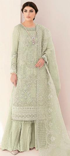 Festive, Party Wear, Reception Green color Salwar Kameez in Faux Georgette fabric with Pakistani, Straight Embroidered, Mirror, Sequence, Thread work : 1935408