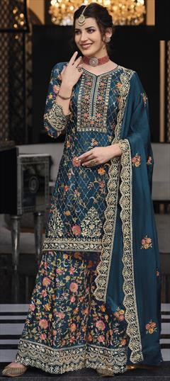 Reception, Wedding Blue color Salwar Kameez in Silk fabric with Palazzo, Straight Embroidered, Resham, Sequence, Thread work : 1935417
