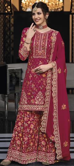 Reception, Wedding Red and Maroon color Salwar Kameez in Silk fabric with Palazzo, Straight Embroidered, Resham, Sequence, Thread work : 1935418