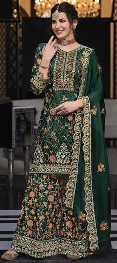 Reception, Wedding Green color Salwar Kameez in Silk fabric with Palazzo, Straight Embroidered, Resham, Sequence, Thread work : 1935421