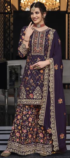 Reception, Wedding Purple and Violet color Salwar Kameez in Silk fabric with Palazzo, Straight Embroidered, Resham, Sequence, Thread work : 1935427