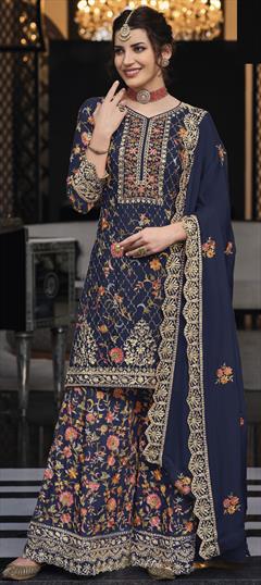 Reception, Wedding Blue color Salwar Kameez in Silk fabric with Palazzo, Straight Embroidered, Resham, Sequence, Thread work : 1935428