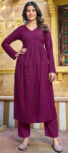 Summer Purple and Violet color Kurti in Rayon fabric with Elbow Sleeve, Slits Embroidered, Resham, Thread work : 1935431