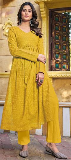 Summer Yellow color Kurti in Rayon fabric with Elbow Sleeve, Slits Embroidered, Resham, Thread work : 1935432