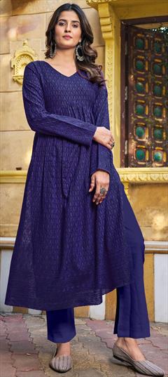 Summer Blue color Kurti in Rayon fabric with Elbow Sleeve, Slits Embroidered, Resham, Thread work : 1935434