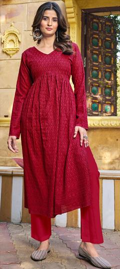 Summer Red and Maroon color Kurti in Rayon fabric with Elbow Sleeve, Slits Embroidered, Resham, Thread work : 1935435