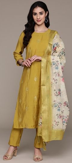 Festive, Party Wear, Reception Gold color Salwar Kameez in Silk fabric with Straight Embroidered, Resham, Sequence, Thread work : 1935437