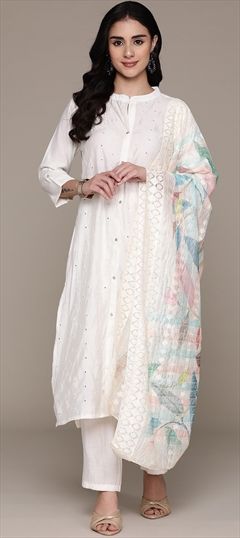 Festive, Party Wear, Summer White and Off White color Salwar Kameez in Silk fabric with Straight Mirror, Thread work : 1935440