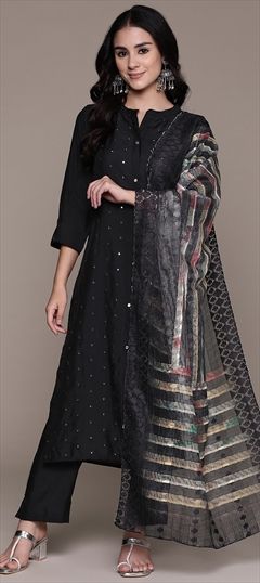 Festive, Party Wear, Summer Black and Grey color Salwar Kameez in Silk fabric with Straight Mirror, Thread work : 1935441