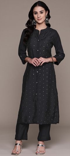 Festive, Summer Black and Grey color Salwar Kameez in Silk fabric with Straight Mirror, Thread work : 1935442
