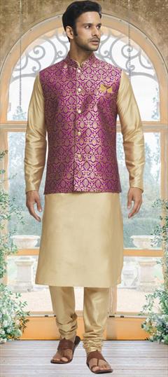 Party Wear Pink and Majenta color Kurta Pyjama with Jacket in Brocade fabric with Weaving work : 1935553