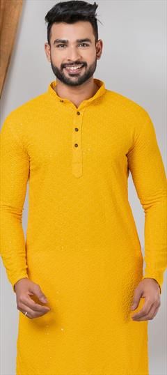 Party Wear Yellow color Kurta in Rayon fabric with Embroidered, Sequence, Thread work : 1935624