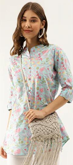 Summer Blue color Tops and Shirts in Cotton fabric with Floral, Printed work : 1935692