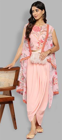 Summer Pink and Majenta color Co-ords Set in Polyester Silk fabric with Printed work : 1935739