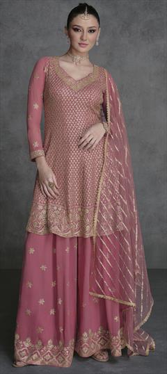 Bridal, Reception, Wedding Pink and Majenta color Salwar Kameez in Georgette fabric with A Line, Sharara Embroidered, Sequence, Thread, Zari work : 1935752