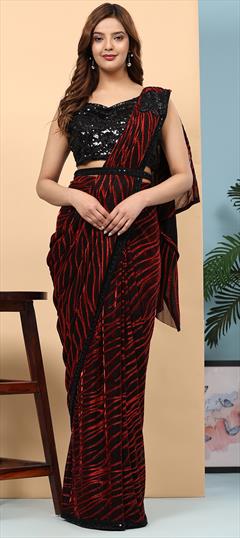 Festive, Reception Black and Grey, Red and Maroon color Readymade Saree in Viscose fabric with Classic Sequence, Stone work : 1935791