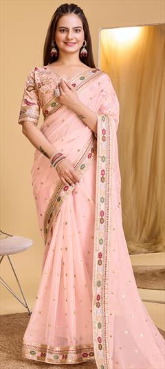 Festive, Reception, Traditional Pink and Majenta color Saree in Organza Silk fabric with Classic Embroidered, Sequence, Thread work : 1935800