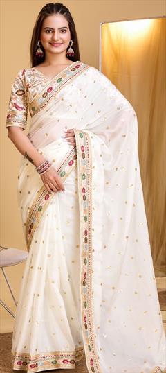 Festive, Reception, Traditional White and Off White color Saree in Organza Silk fabric with Classic Embroidered, Sequence, Thread work : 1935802