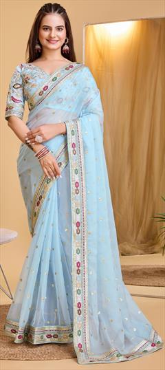 Festive, Reception, Traditional Blue color Saree in Organza Silk fabric with Classic Embroidered, Sequence, Thread work : 1935803