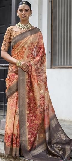 Festive, Reception, Traditional Beige and Brown color Saree in Silk fabric with South Printed, Weaving work : 1935809