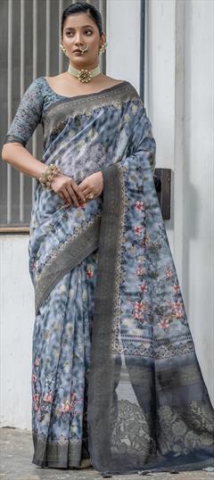 Festive, Reception, Traditional Black and Grey color Saree in Silk fabric with South Printed, Weaving work : 1935814