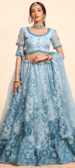 Bridal, Reception, Wedding Blue color Lehenga in Net fabric with Flared Embroidered, Sequence, Thread, Zari work : 1935871