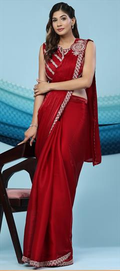 Reception, Wedding Red and Maroon color Readymade Saree in Satin Silk fabric with Classic Embroidered, Sequence, Thread work : 1935872