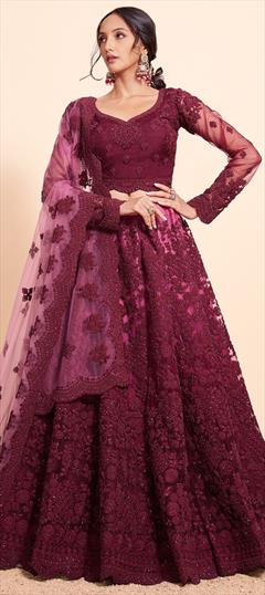 Bridal, Reception, Wedding Red and Maroon color Lehenga in Net fabric with Flared Embroidered, Sequence, Thread, Zari work : 1935874