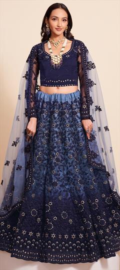 Bridal, Reception, Wedding Blue color Lehenga in Net fabric with Flared Embroidered, Sequence, Thread, Zari work : 1935875