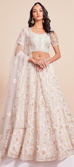 Bridal, Reception, Wedding White and Off White color Lehenga in Net fabric with Flared Embroidered, Sequence, Thread, Zari work : 1935876